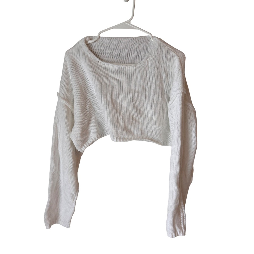 SHEIN White Cropped Long Sleeve Scoop Neck Knit Sweater Size M CN168756